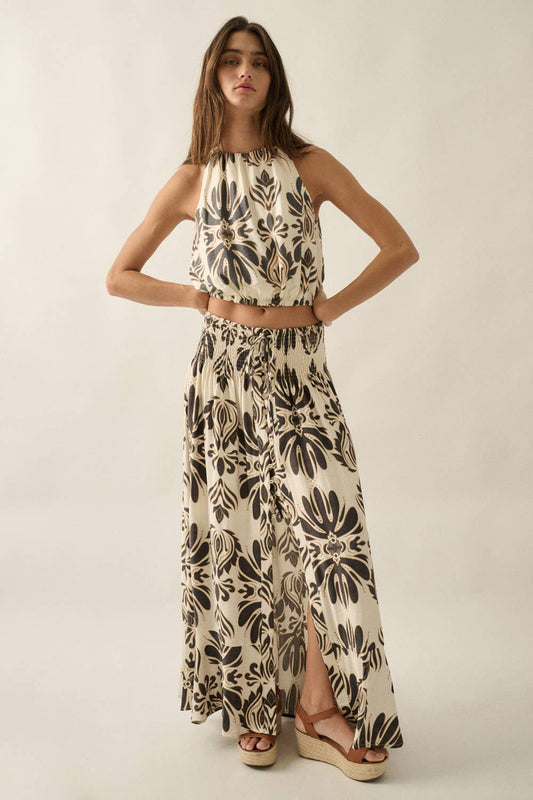 Ornate Floral-Print Button-Front Drawstring Maxi Skirt