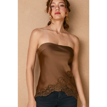 Satin Asymmetrical Lace Hem Sleeveless Top
