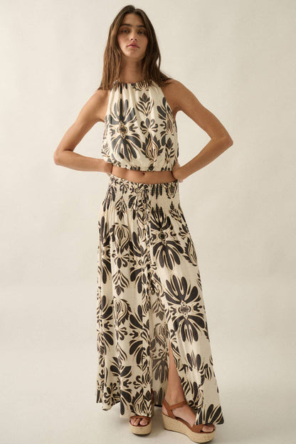 Abstract Floral-Print Gathered Sleeveless Cropped Halter Top
