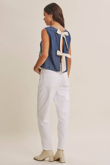 COASTAL DAY CHAMBRAY EMBROIDERED BLOUSE WITH BACK BOW