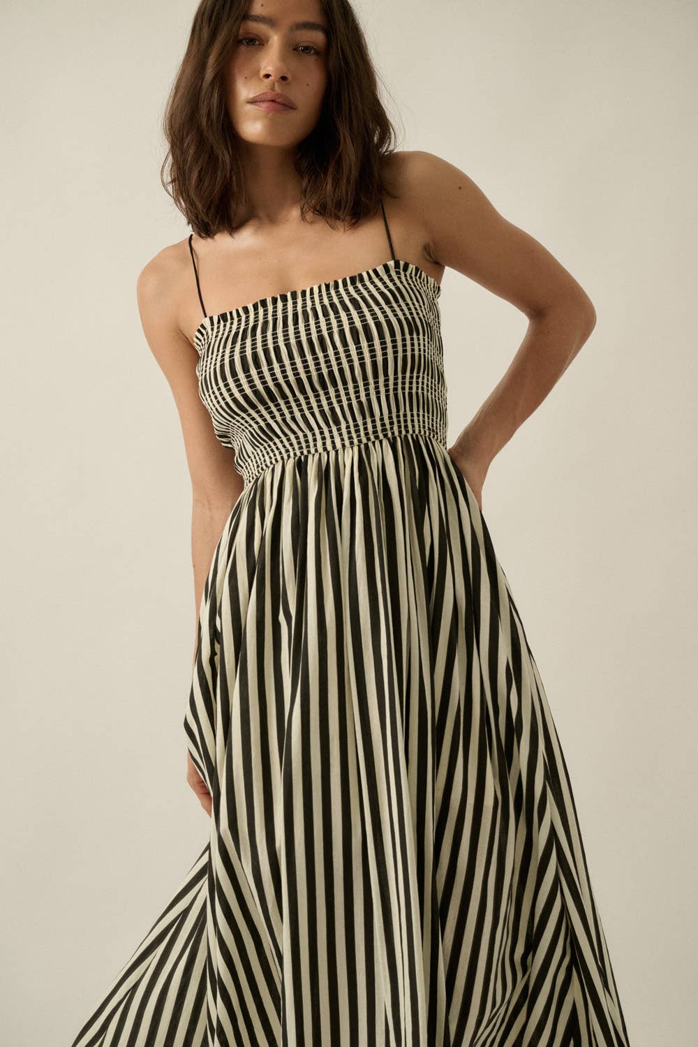 Striped Cotton-Blend Smocked Pocket Midi Dress
