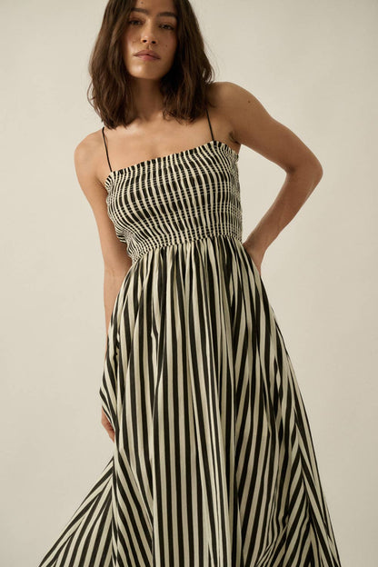 Striped Cotton-Blend Smocked Pocket Midi Dress