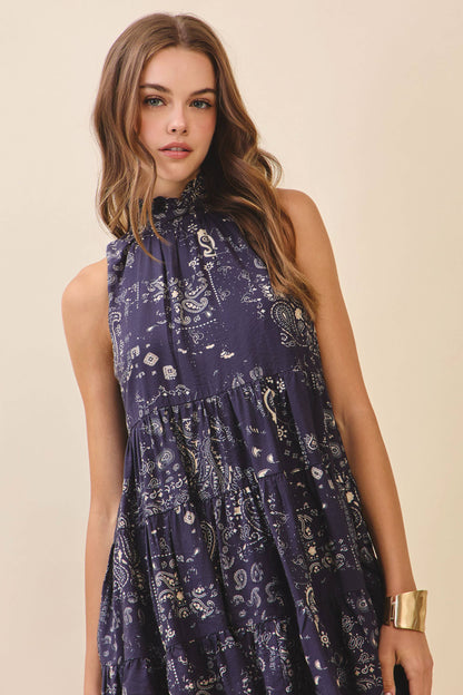 Paisley Print Ruffled Mock Neck Mini Dress