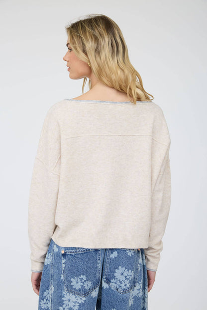 CONTRAST TRIM OFF SHOULDER LONG SLEEVE SWEATER