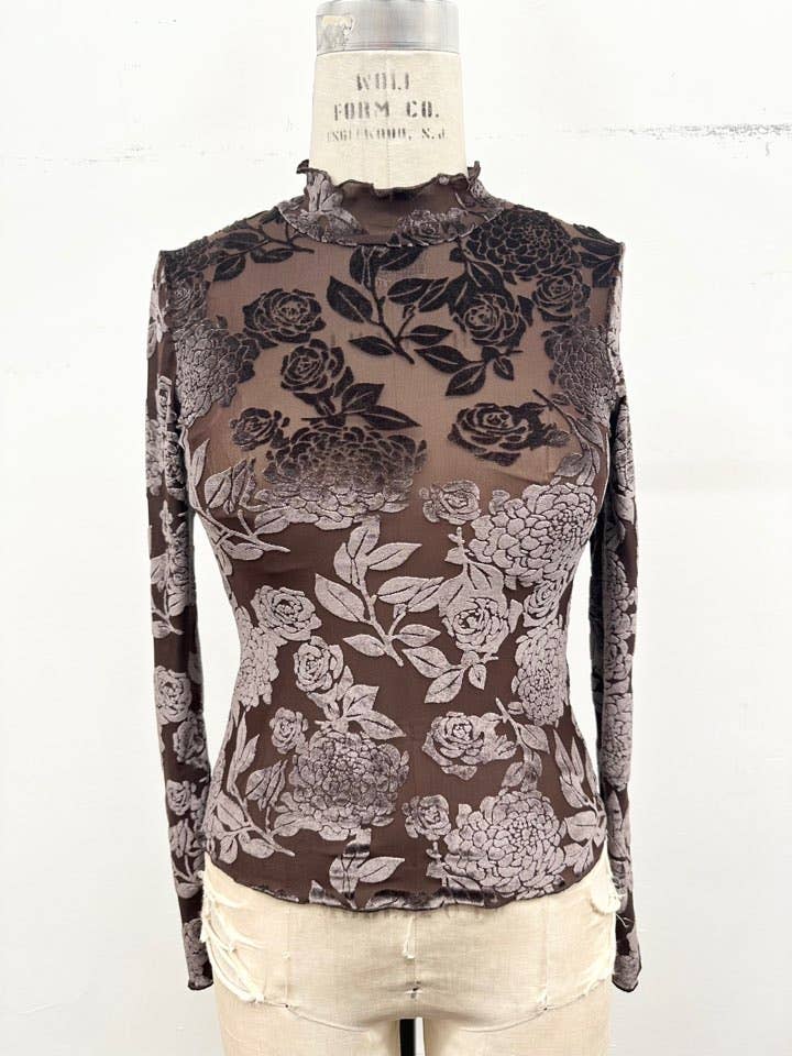 Floral Mesh Mock Neck Top