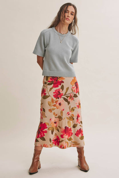DRAPES SMOOTHLY SOFT FLORAL SATIN BIAS CUT MIDI SKIRT