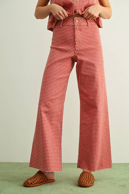 GINGHAM PRINTED STRETCH PANTS