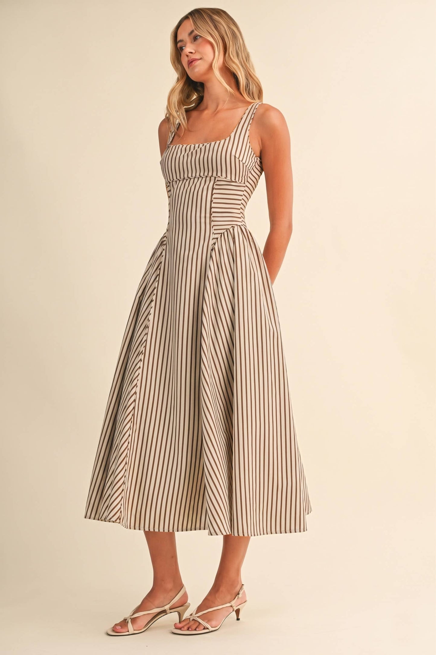 STRIPED BACK BUCKLE PIPING DETAIL MIDI DRESS