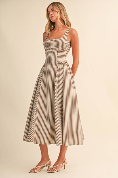 STRIPED BACK BUCKLE PIPING DETAIL MIDI DRESS