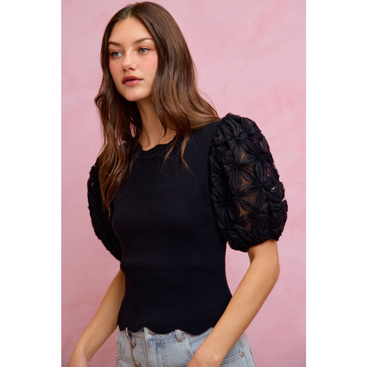 3D FLORAL CONTRAST SLEEVE SCALLOP SWEATER KNIT TOP
