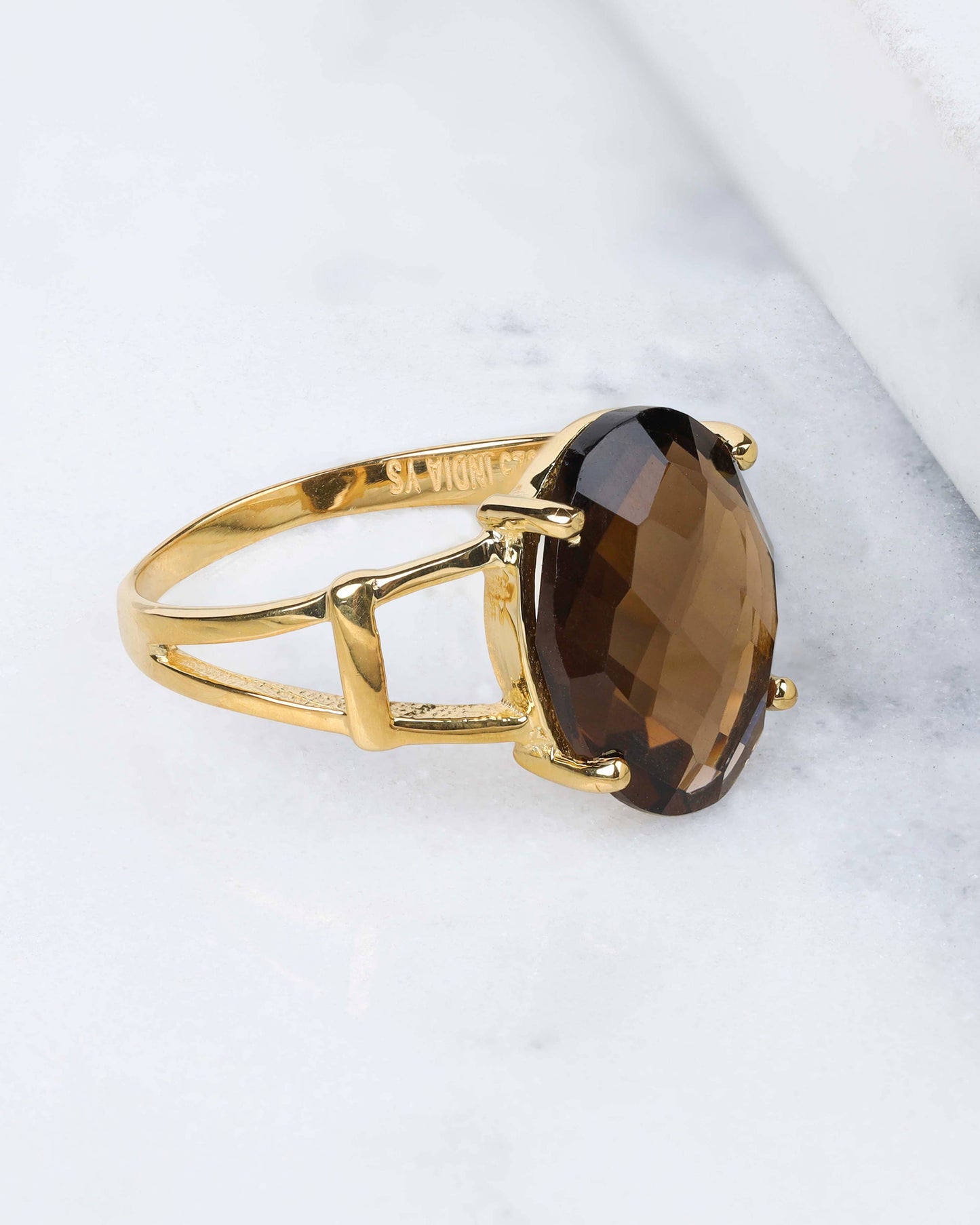 Gold Plated 925 Silver Somky Quartz Solitaire Ring
