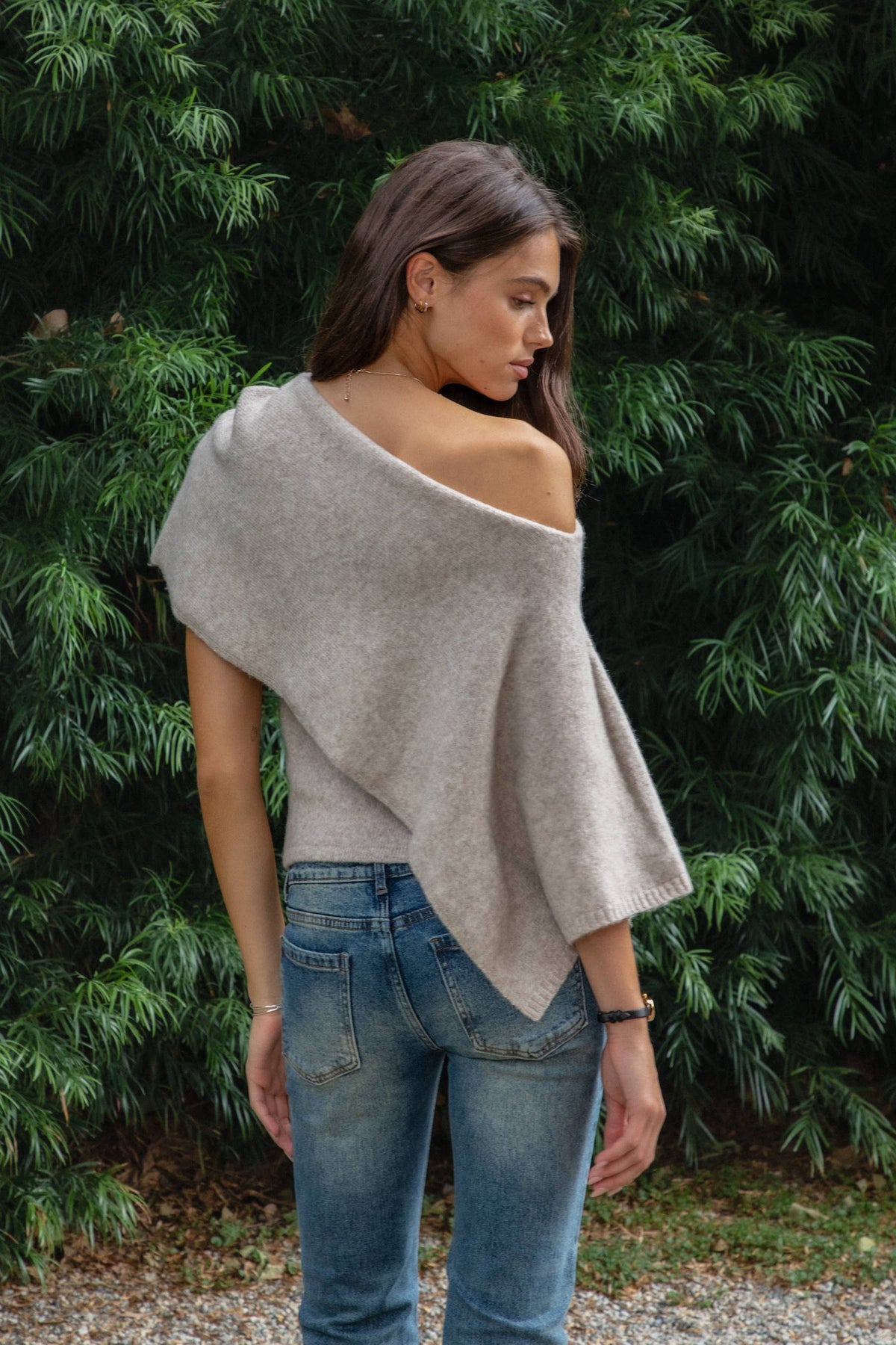 AINSLEY Off Shoulder Asymmetric Knit Poncho Sweater