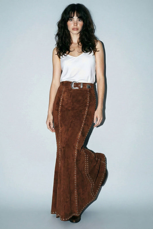 Suede Studded Maxi Skirt