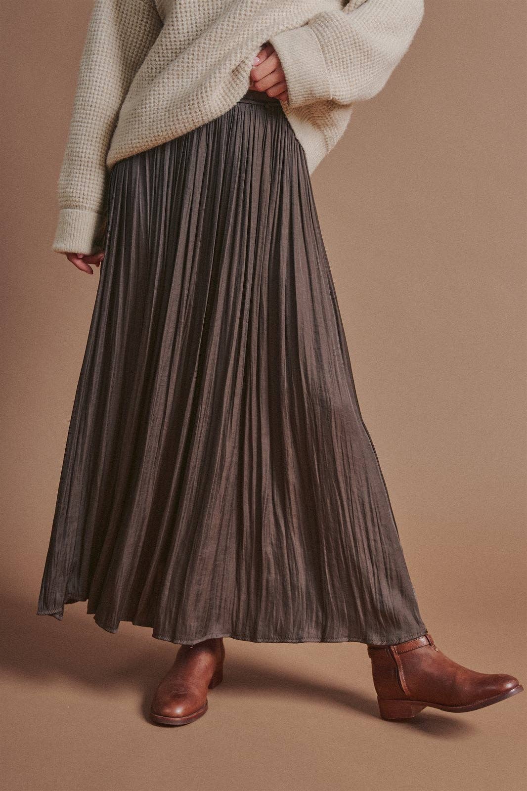 Washed Satin Crinkle Pleated Maxi Skirt