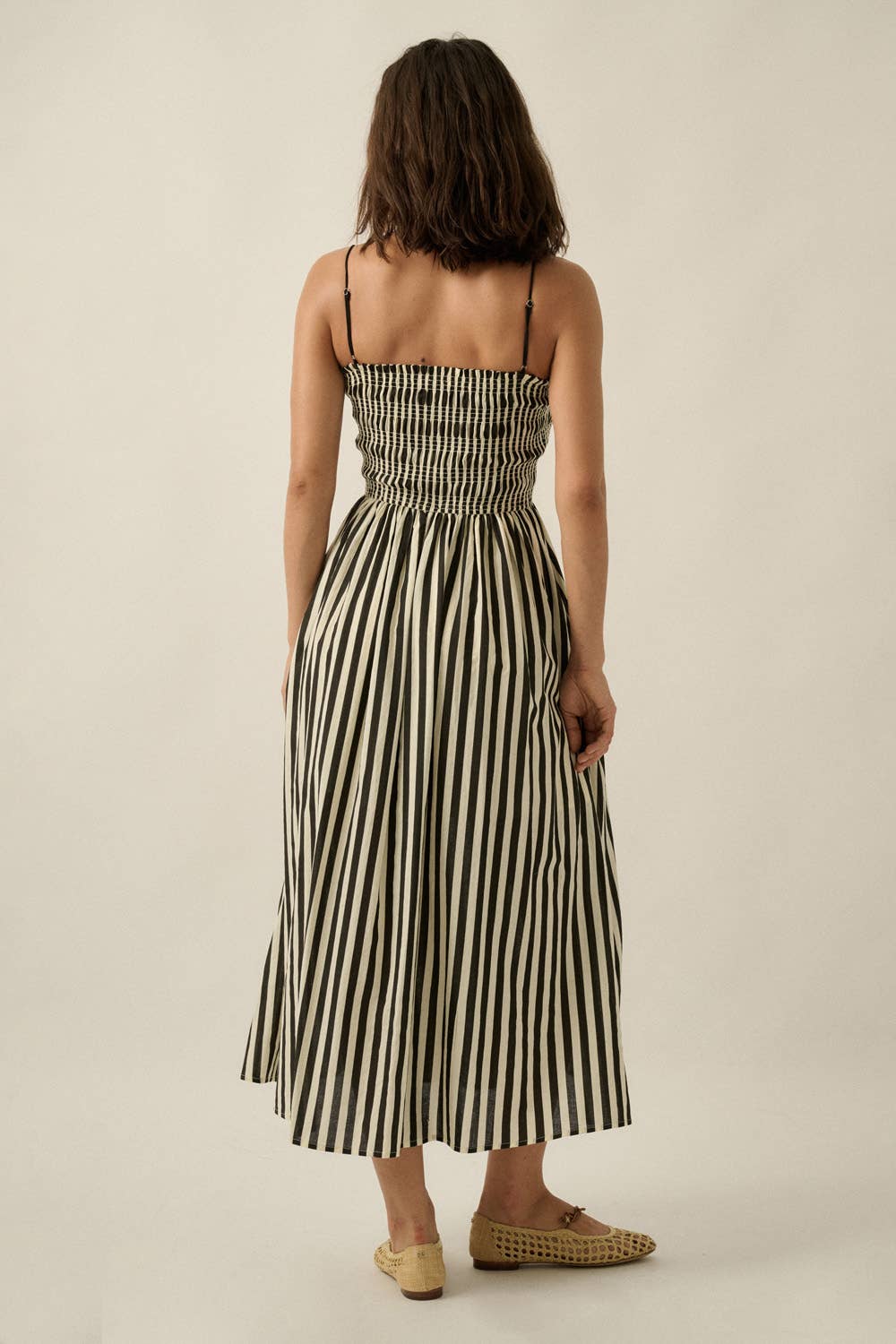 Striped Cotton-Blend Smocked Pocket Midi Dress