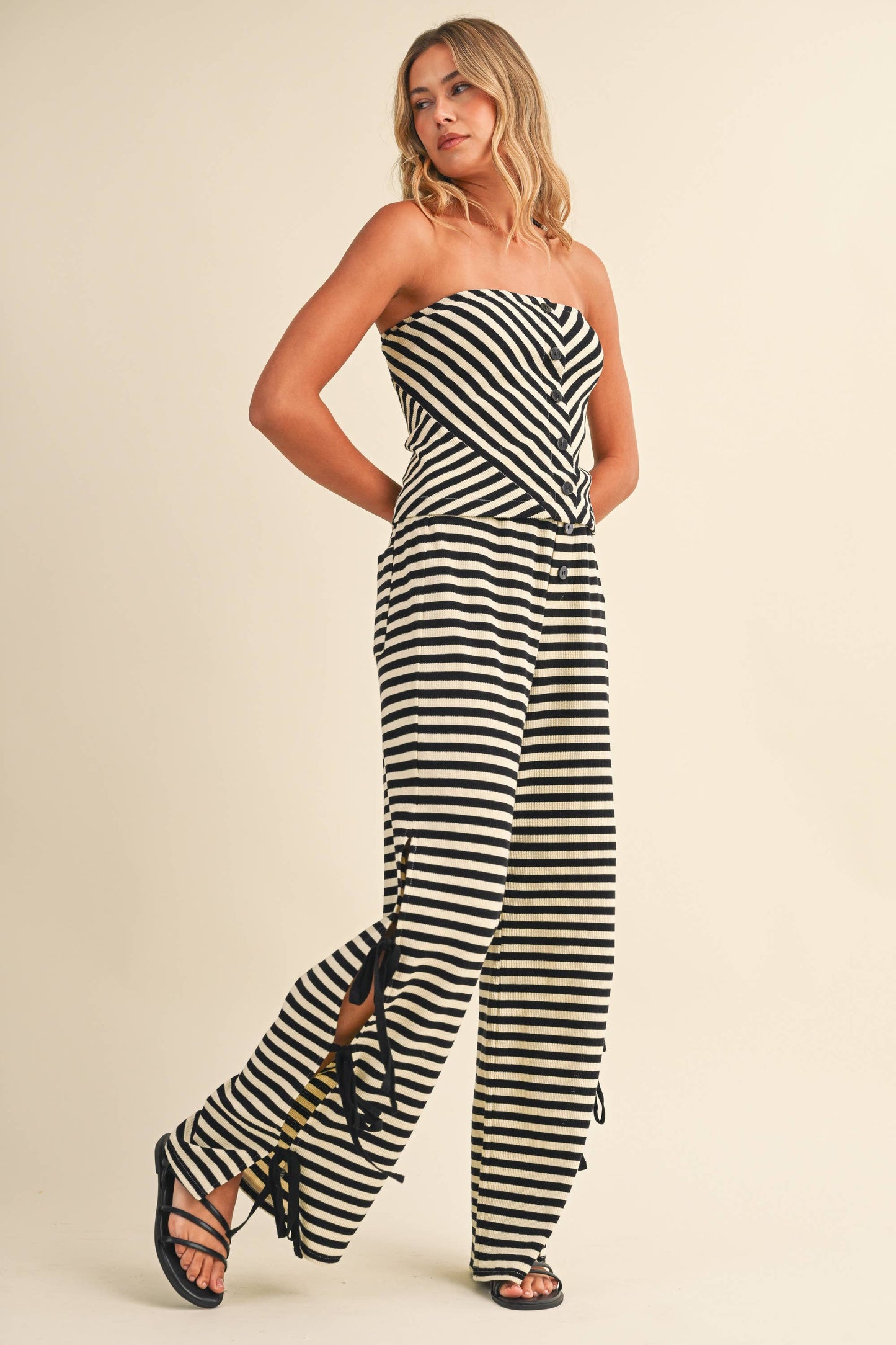 STRIPED TUBE TOP AND PANTS WITH SIDE BOW DETAILS