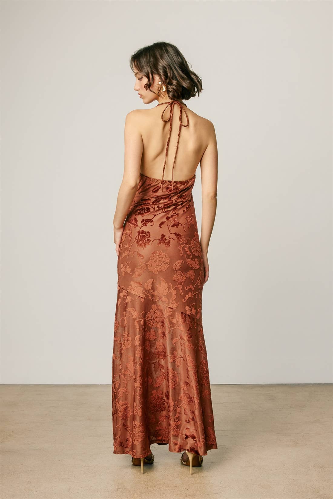 Floral Velvet Burnout Halter Cowl Neck Maxi Dress