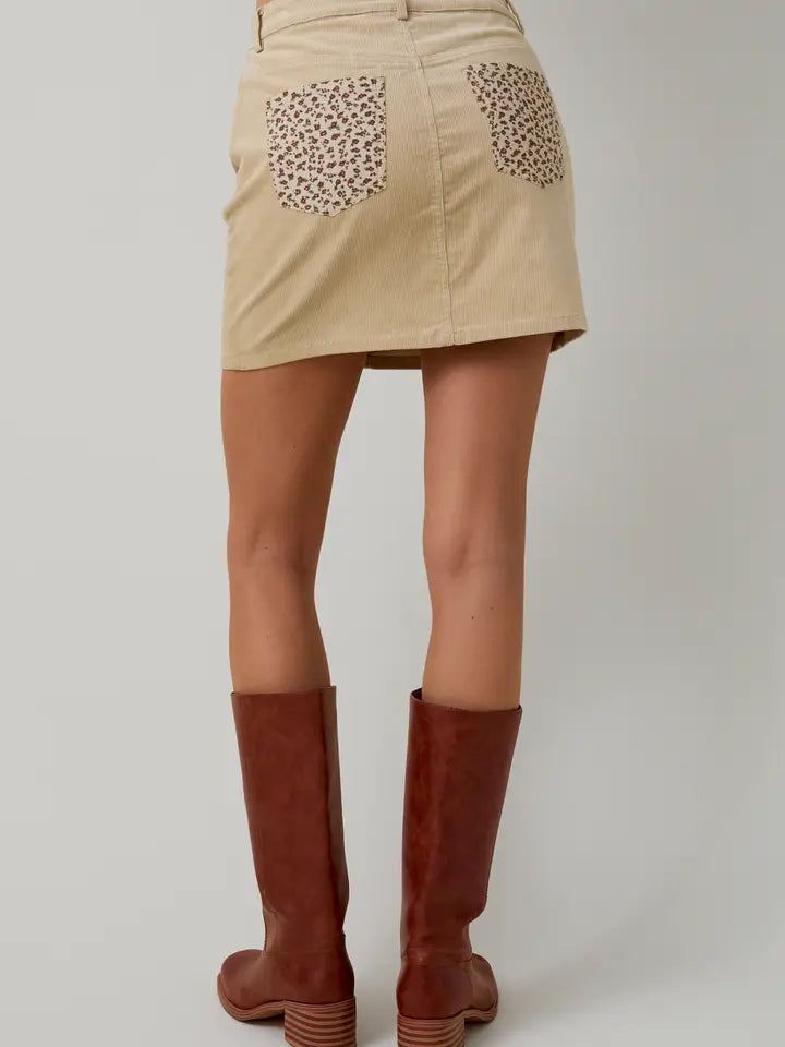Cream Corduroy w/ Floral Detail Mini Skirt