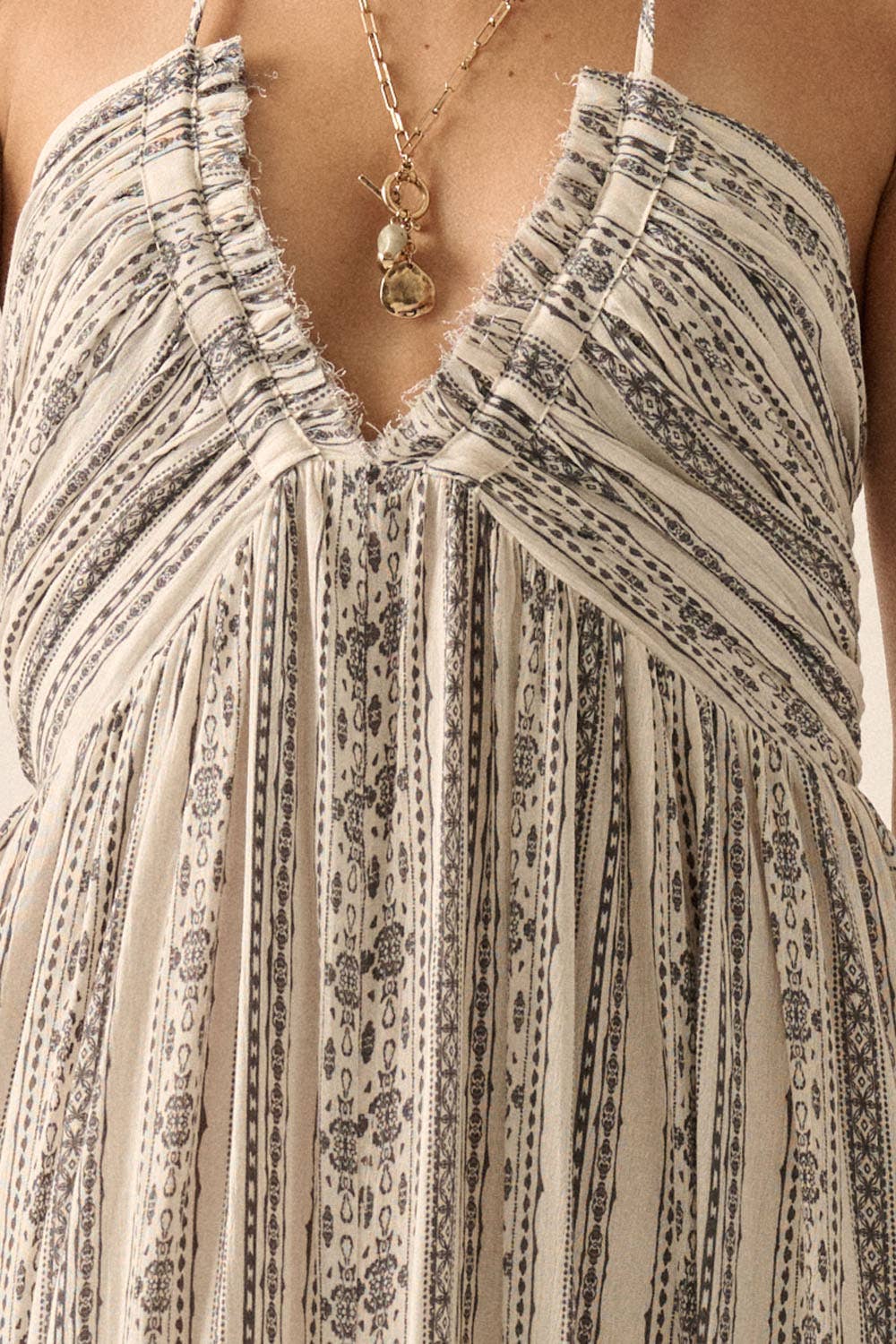 Aztec-Stripe Plunging Halter Maxi Dress
