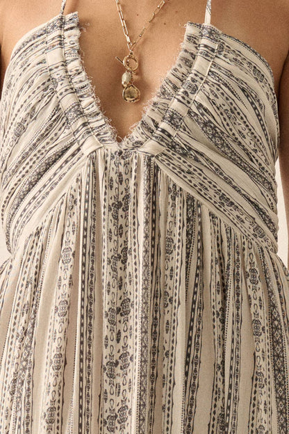 Aztec-Stripe Plunging Halter Maxi Dress