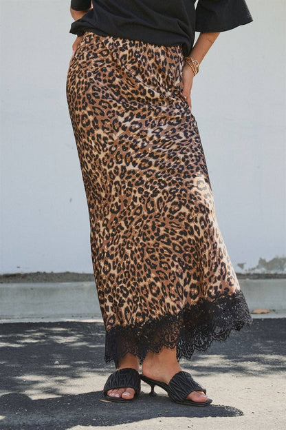 Leopard Print Satin Maxi Skirt with Lace Hem