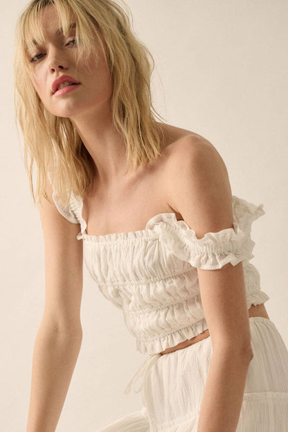 Smocked Solid Ruffled Woven Crop Top