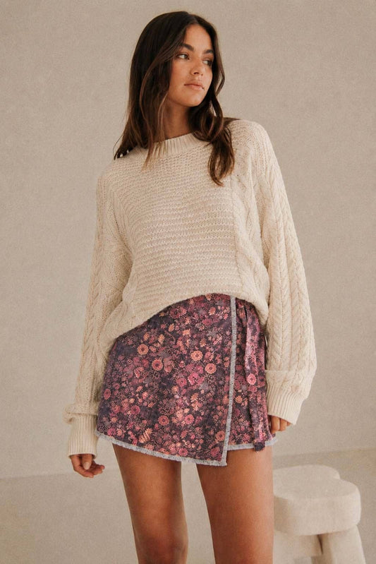 FLORAL PRINTED DENIM  WRAP SKIRT