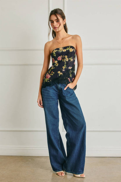 Floral Asymmetrical Lace Hem Tube Top