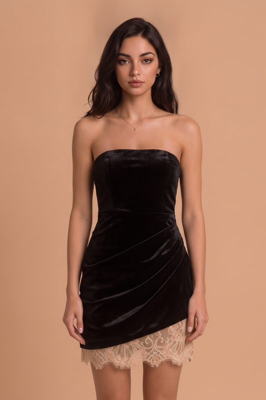 ASYMMETRIC HEM LACE VELVET MINI DRESS