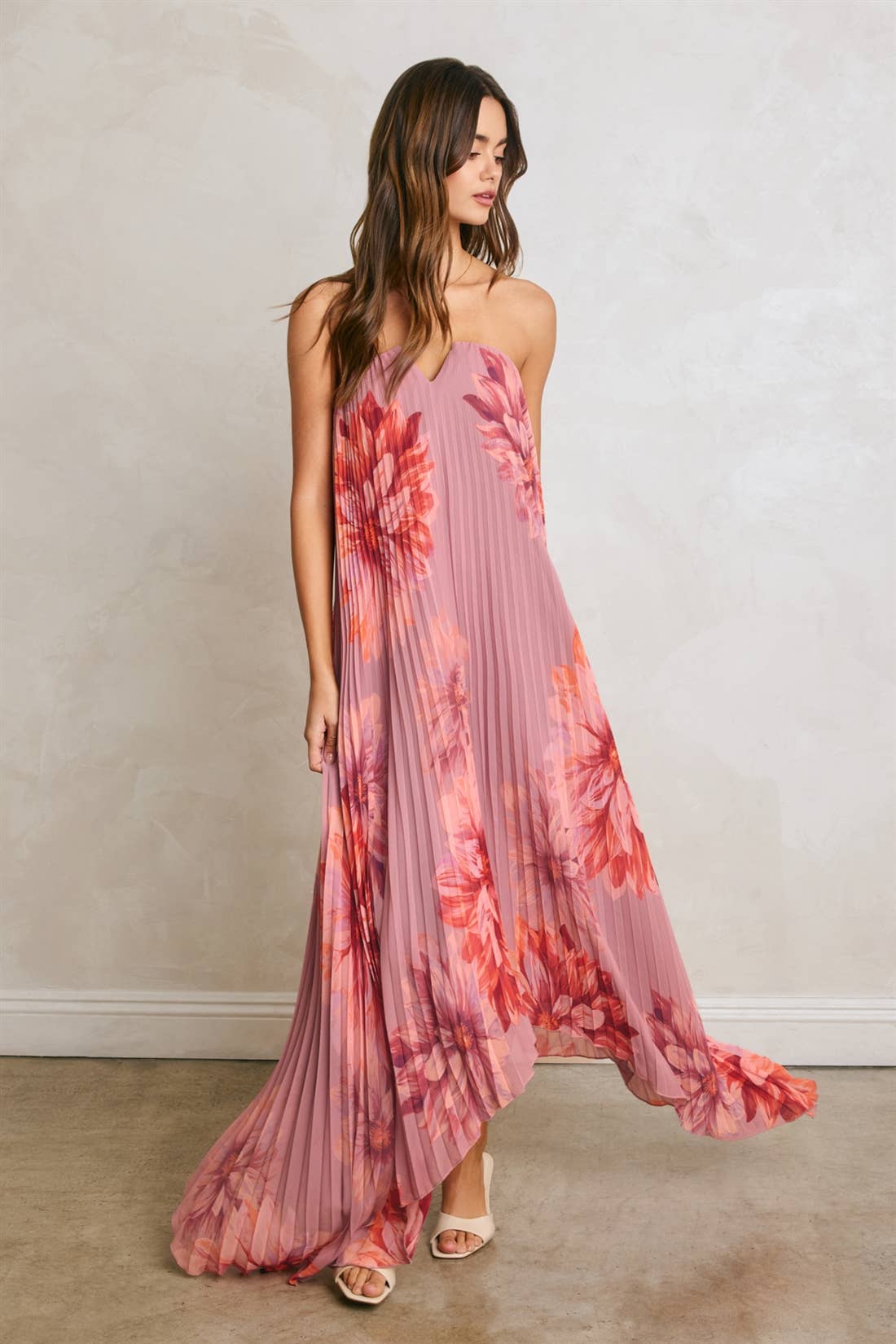 Floral Strapless Pleated Maxi Column Dress