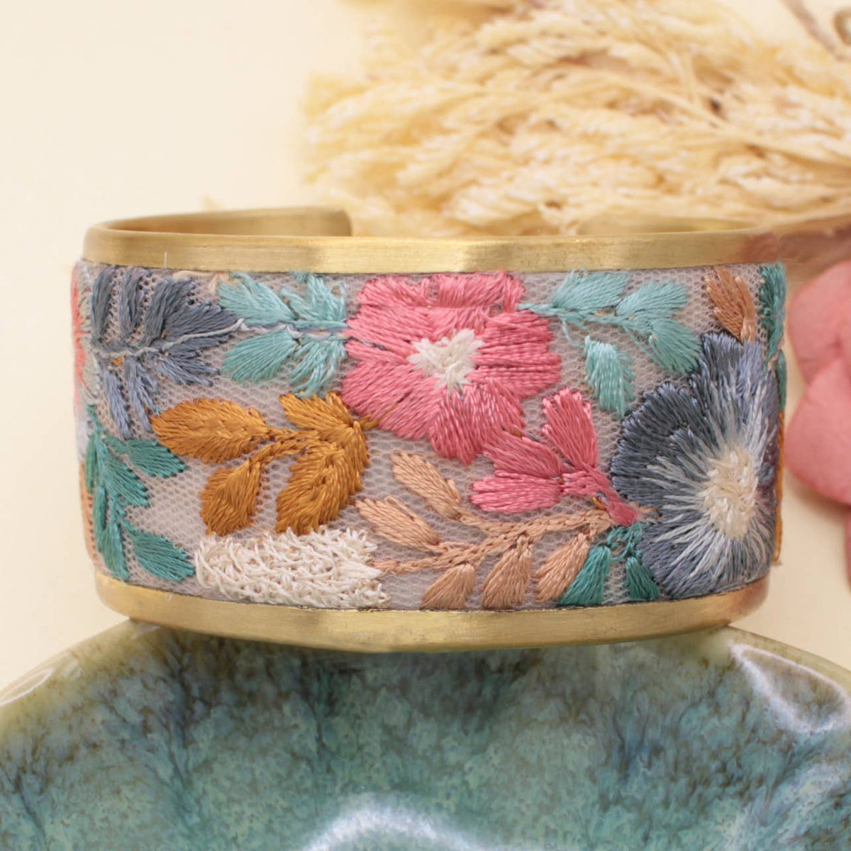 Faded Floral Pastel Embroidered Fabric Cuff Bracelet