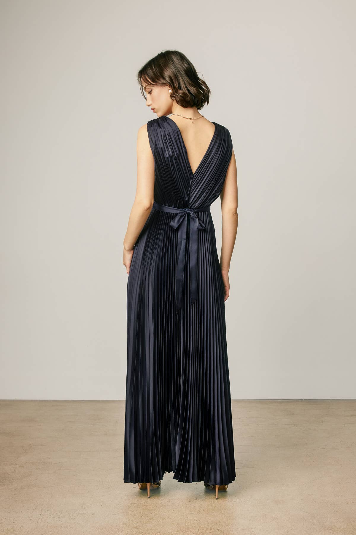 Pleated Satin V Neck Maxi Dress