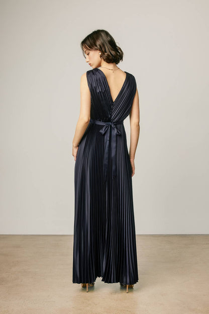 Pleated Satin V Neck Maxi Dress