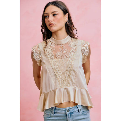 SATIN MOCK NECK LACE TRIM PEPLUM BLOUSE TOP