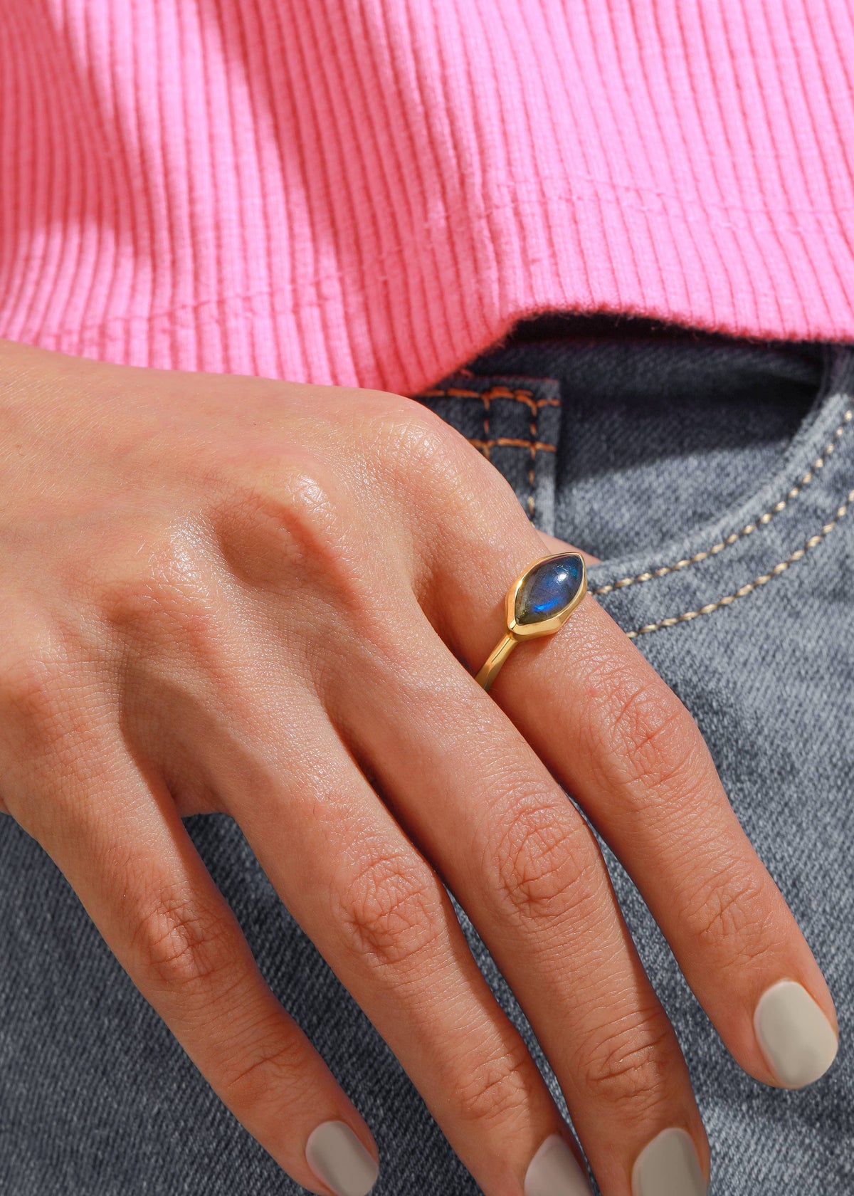 Gold Plated 925 Silver Marquise Labradorite Textured Ring