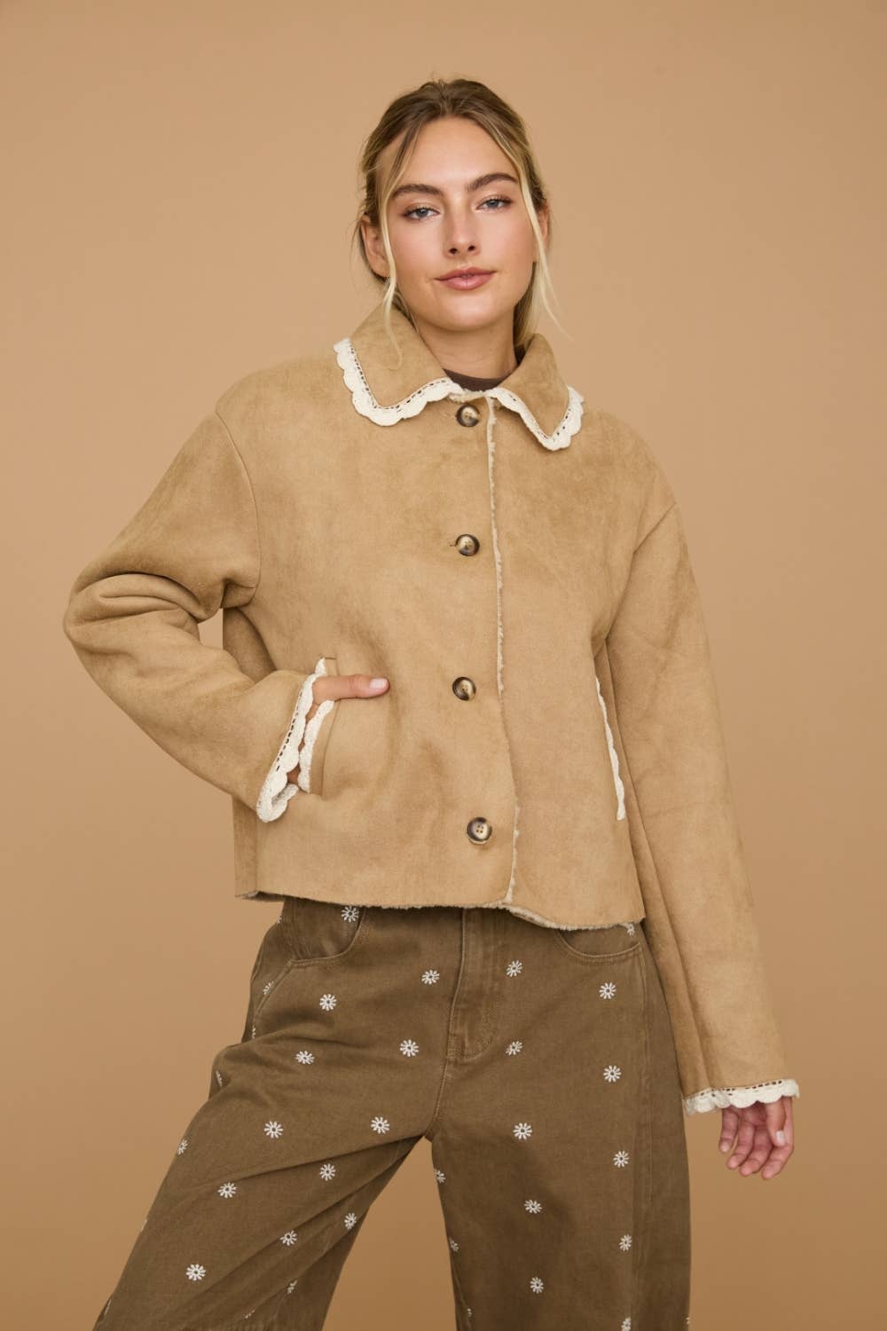 Lace Trim Faux Suede Sherpa Button Front Jacket