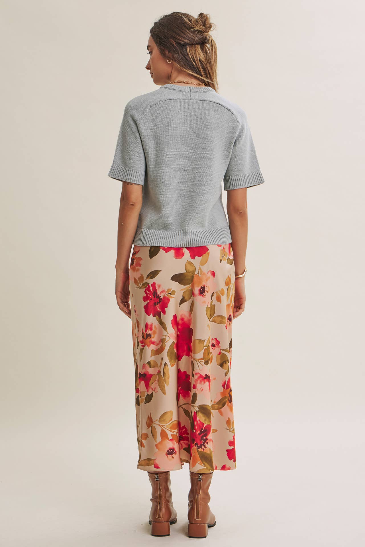 DRAPES SMOOTHLY SOFT FLORAL SATIN BIAS CUT MIDI SKIRT