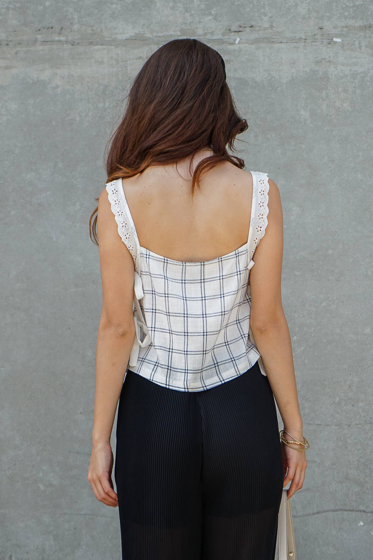 Plaid Lace Trim Side-Tie Crop Top