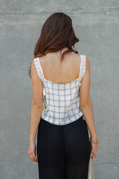 Plaid Lace Trim Side-Tie Crop Top
