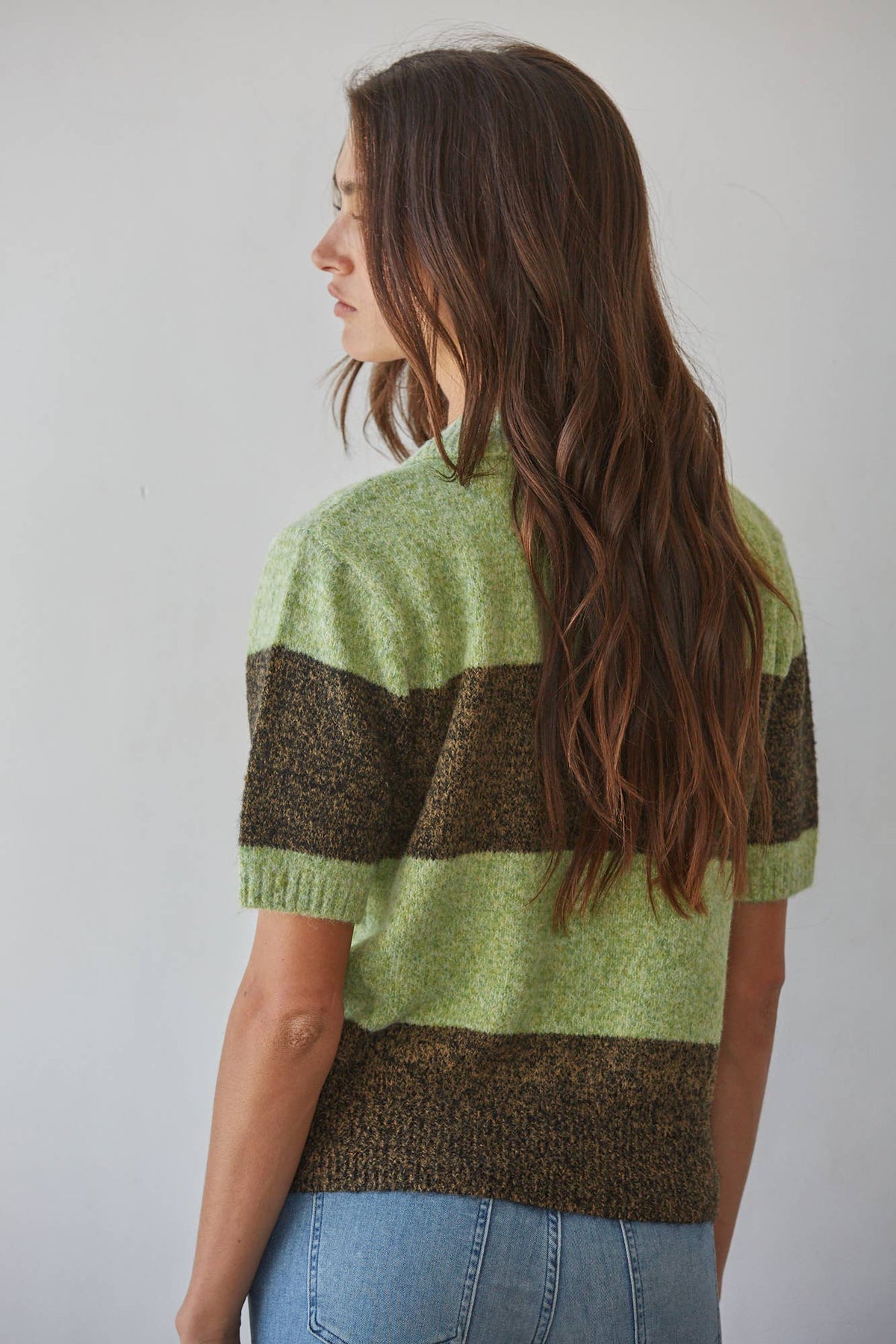Knit Sweater Striped Half Button-down Short Sleeve