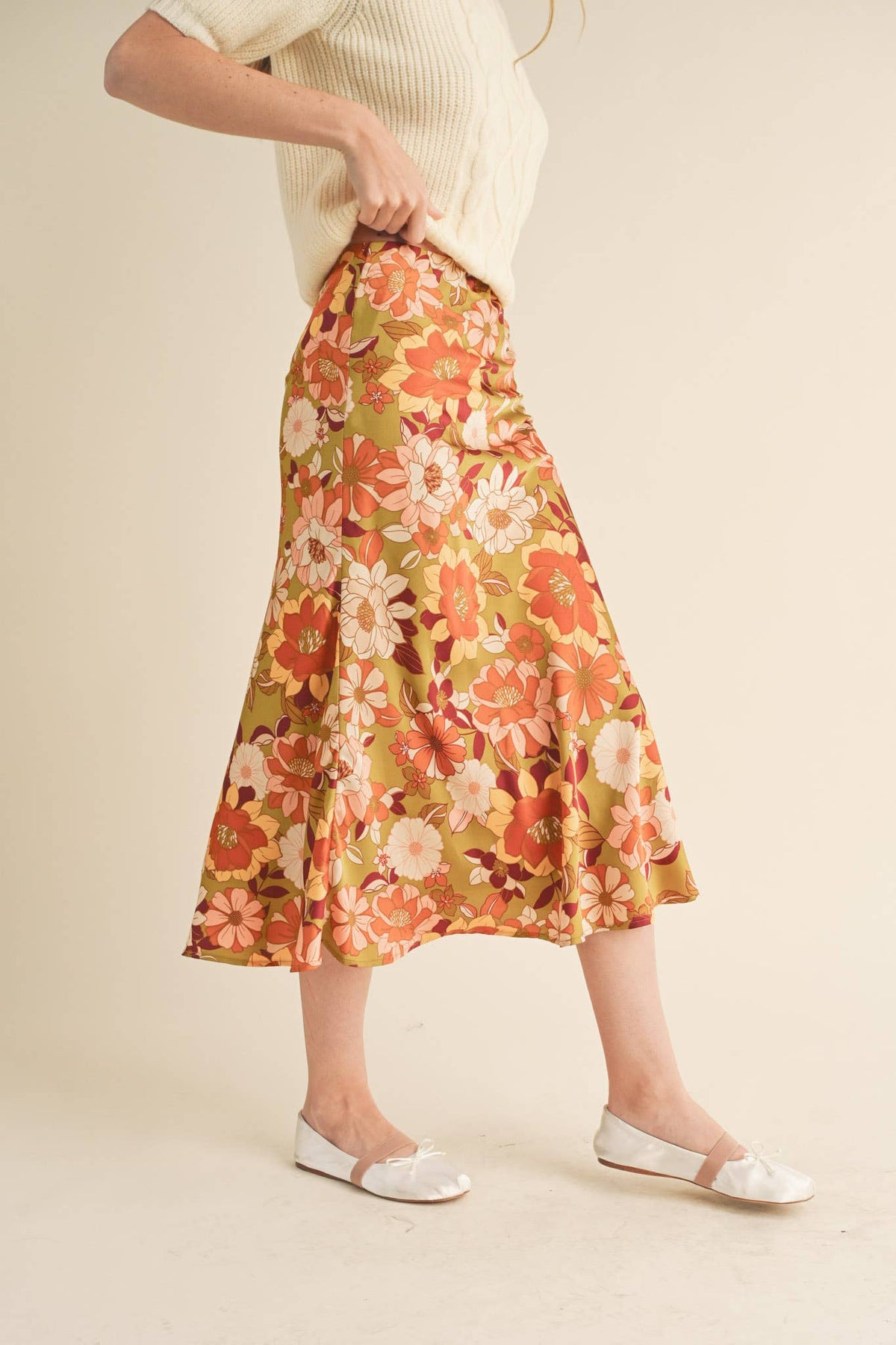EXCLUSIVE PRINT SATIN FLORAL MIDI SLIP SKIRT MSK2645
