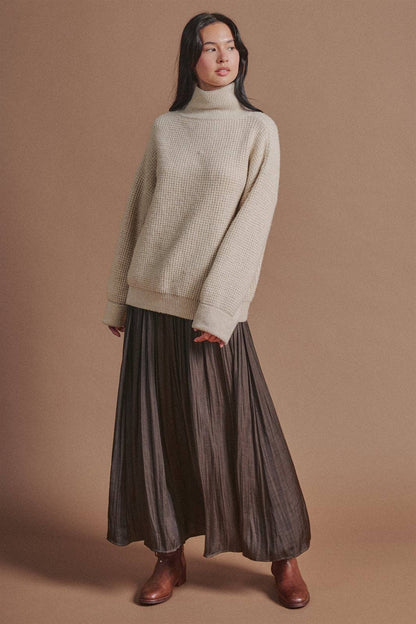 Washed Satin Crinkle Pleated Maxi Skirt