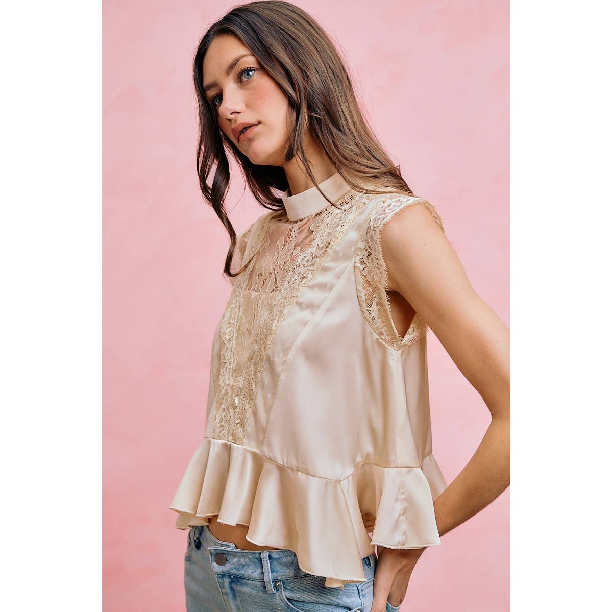SATIN MOCK NECK LACE TRIM PEPLUM BLOUSE TOP