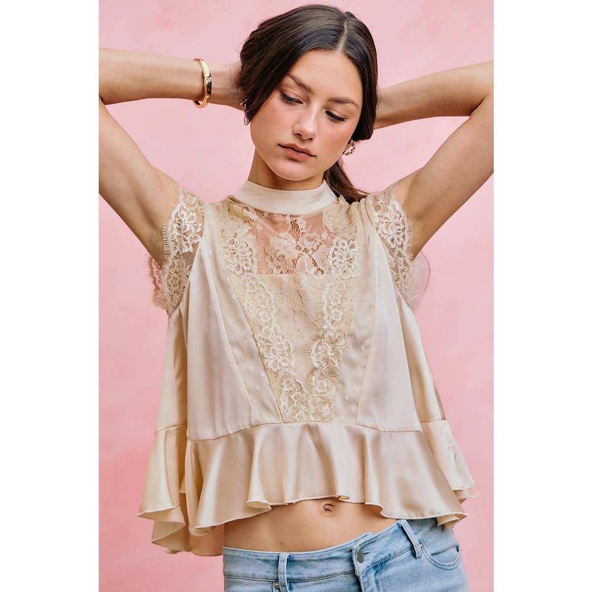 SATIN MOCK NECK LACE TRIM PEPLUM BLOUSE TOP