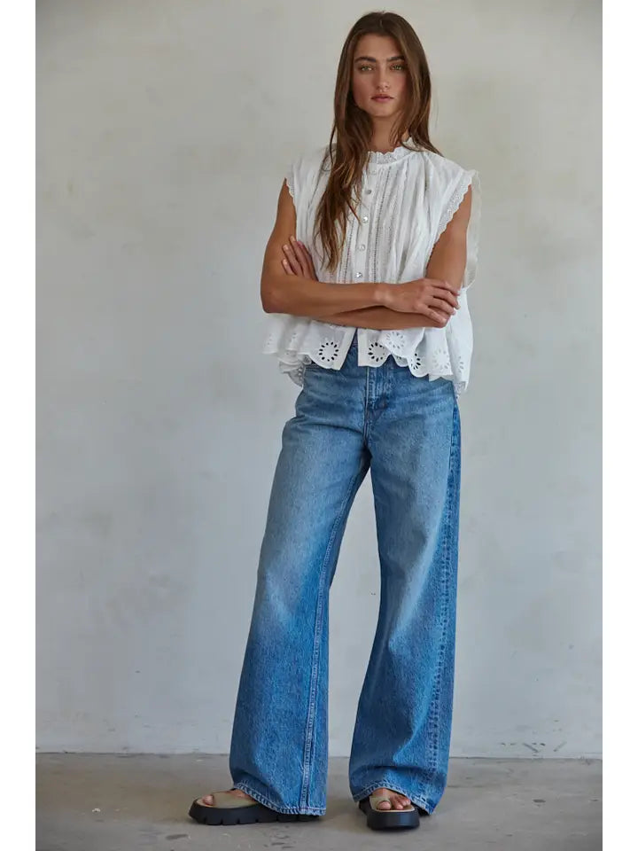 Eyelet Button-down Cap Sleeve Top