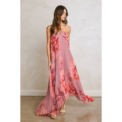 Floral Strapless Pleated Maxi Column Dress