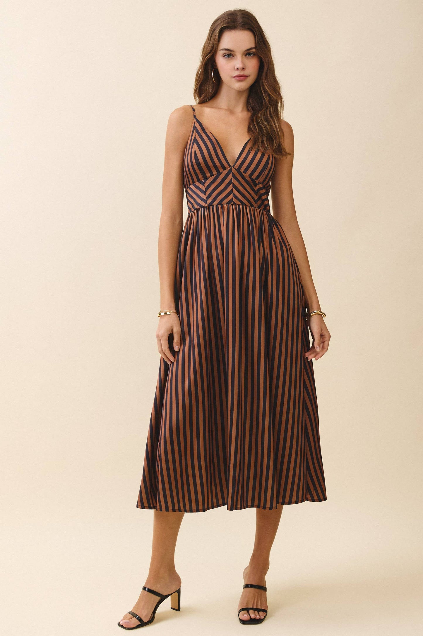 Striped V Neck Smocked Back Midi Dress