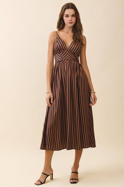 Striped V Neck Smocked Back Midi Dress