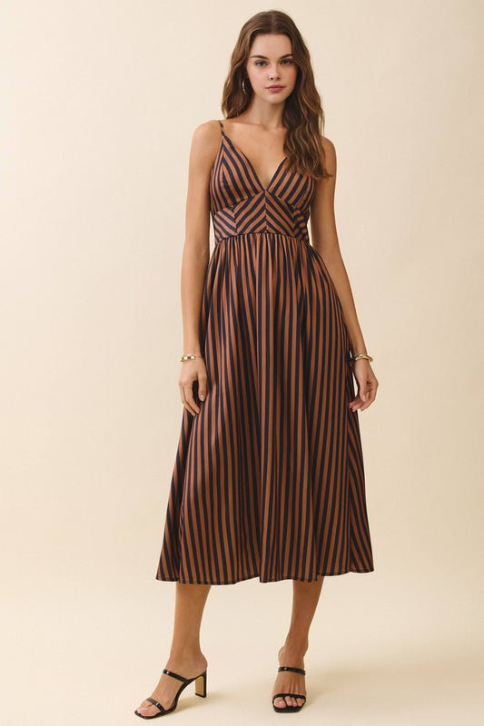 Striped V Neck Smocked Back Midi Dress