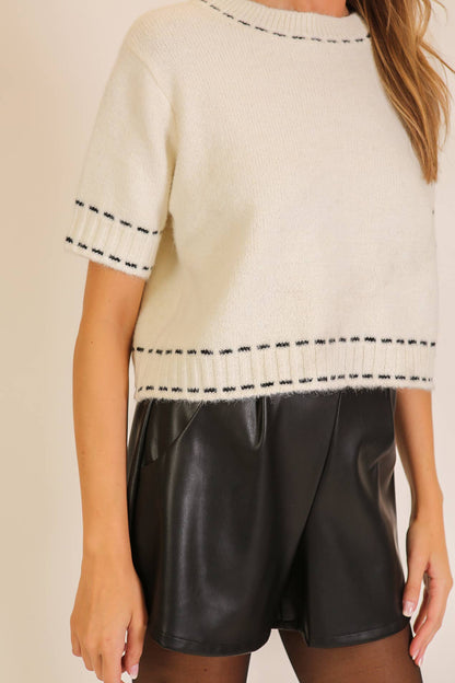 Contrast Stitch Soft Knit Short Sleeve Sweater